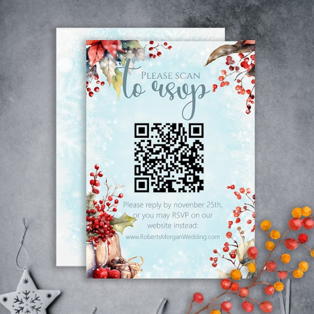 Cozy Winter Rowan berry bouquet QR code Wedding RSVP Card (Creator Uploaded)