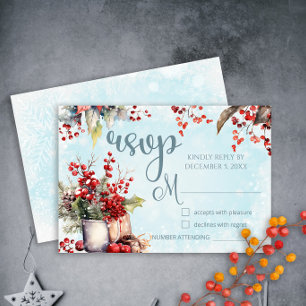 Cozy Winter Rowan berry bouquet Wedding RSVP Card