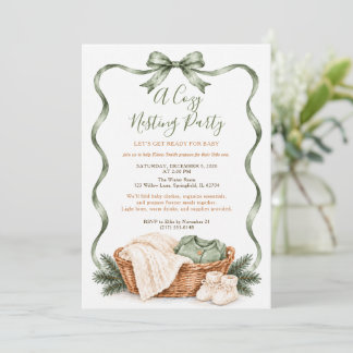 Cozy Winter Sage Green Bow Baby Nesting Party Invitation