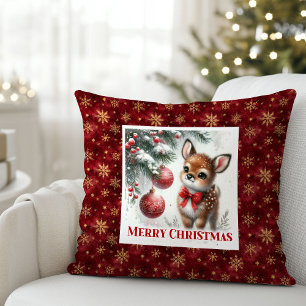 Cozy winter scene baby deer kids room decor throw pillow