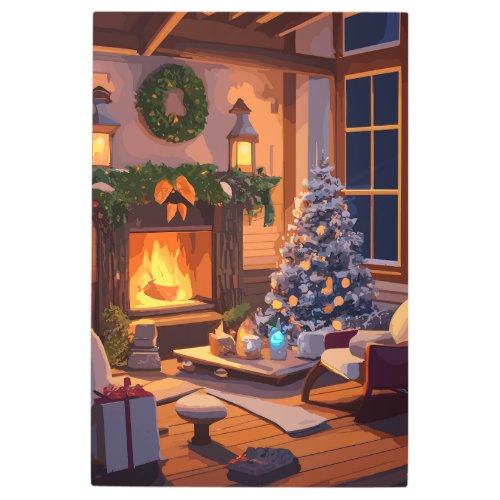 Cozy Winter Scene With a Snow_Covered Cottage Metal Print