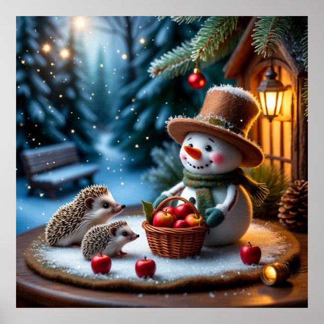 Cozy Winter Scene With Snowman, Hedgehogs Poster (Front)