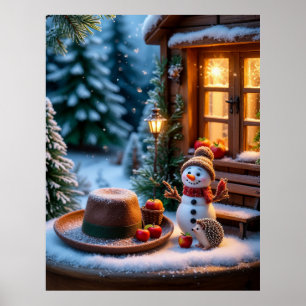 Cozy Winter Scene With Snowman, Hedgehogs Poster