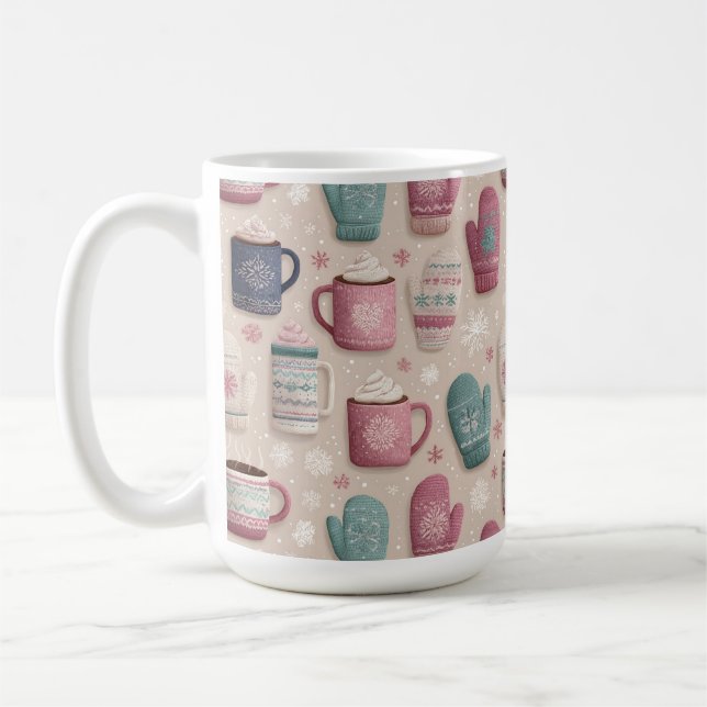 Cozy Winter Seamless Pattern with Knitted Mittens  Coffee Mug (Left)