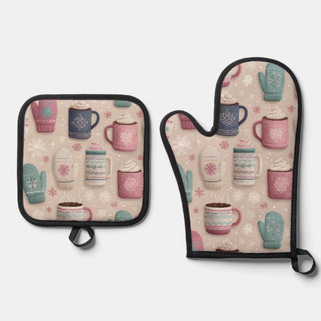 Cozy Winter Seamless Pattern with Knitted Mittens  Oven Mitt & Pot Holder Set (Front)