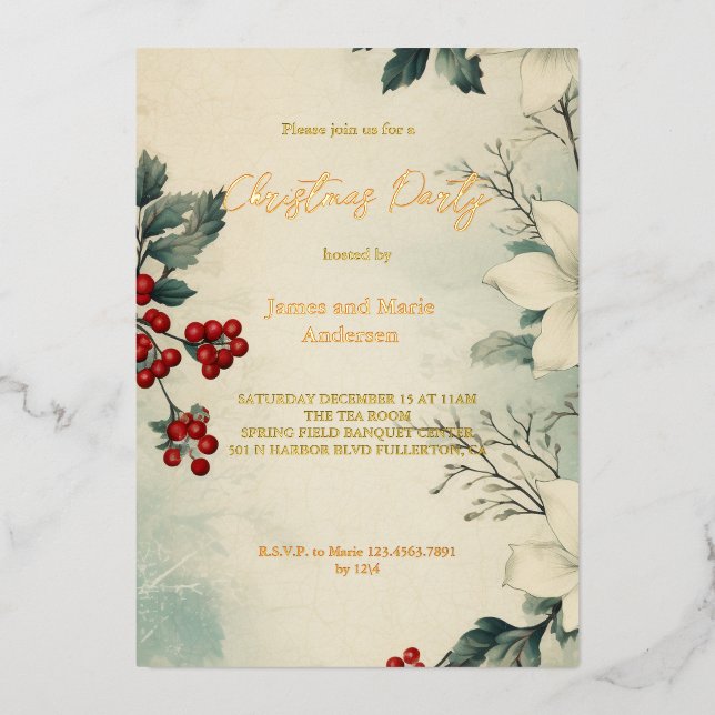 Cozy Winter Snow Greenery Christmas Party Foil Invitation (Front)