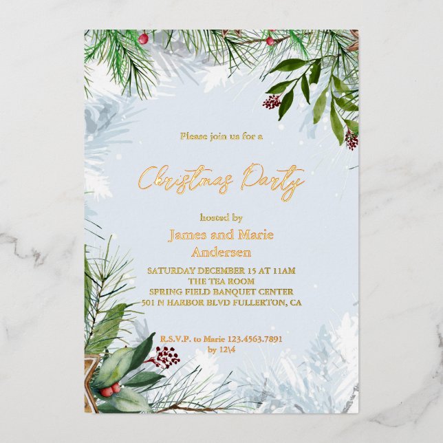 Cozy Winter Snow Greenery Christmas Party Foil Invitation (Front)