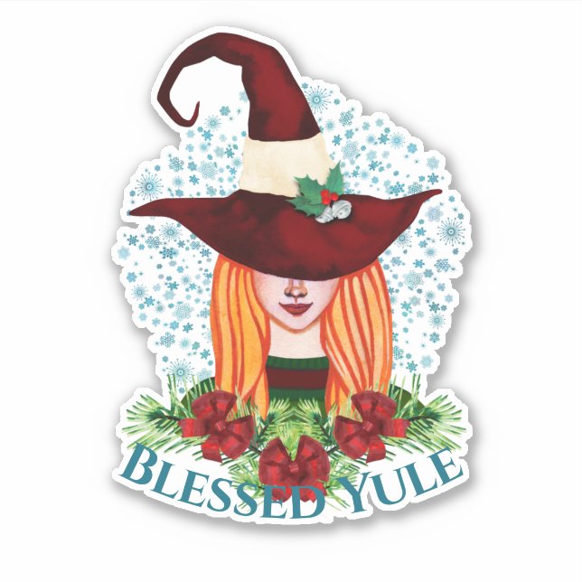 Cozy Winter Solstice Witch Hat Blessed Yule Sticker (Front)