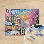 Cozy Winter Street Scene Modern Art Jigsaw Puzzle<br><div class="desc">A cozy modern art painting depicting a charming winter street scene with brightly colored buildings, a beautifully decorated Christmas tree, and people strolling through softly falling snow. The use of bright pastel colors adds a warm and inviting touch to the cold winter setting, creating a festive and cheerful atmosphere. This...</div>