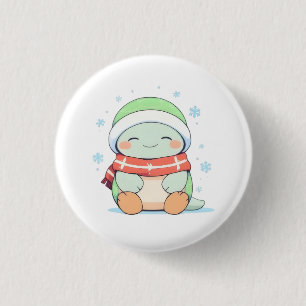 Cozy Winter Turtle with Scarf Kawaii Design Button