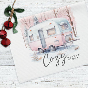 Cozy Winter Vibes Pink Pastel Camper Christmas  Kitchen Towel