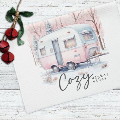 Cozy Winter Vibes Pink Pastel Camper Christmas  Kitchen Towel