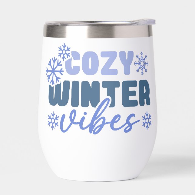 Cozy Winter Vibes - Snowflake Typography Thermal Wine Tumbler (Left)