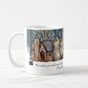 Cozy Winter Village at Night with Falling Snow Coffee Mug
