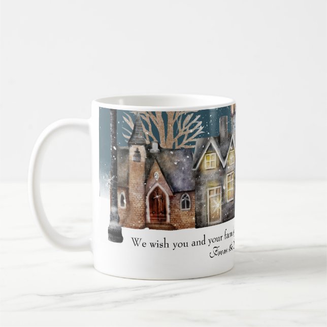Cozy Winter Village at Night with Falling Snow Coffee Mug (Left)