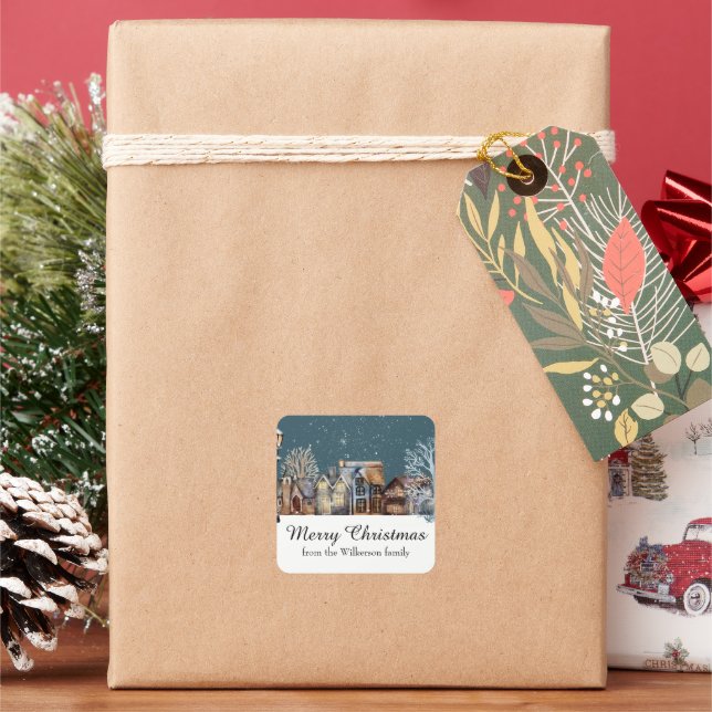 Cozy Winter Village at Night with Falling Snow Square Sticker (Holiday)