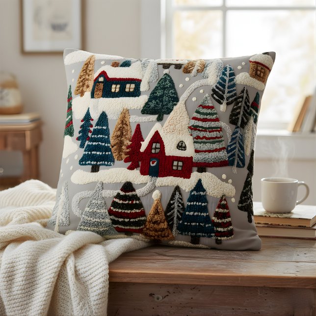 Cozy Winter Village & Forest Textured Art Style Throw Pillow (Creator Uploaded)