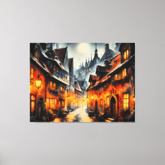 Cozy Winter Village Moonlight Street - Warm Oil Pa Canvas Print