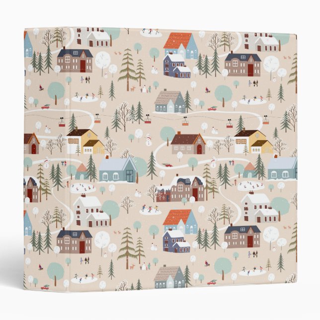 Cozy Winter Village Scene Pattern 3 Ring Binder (Front/Spine)