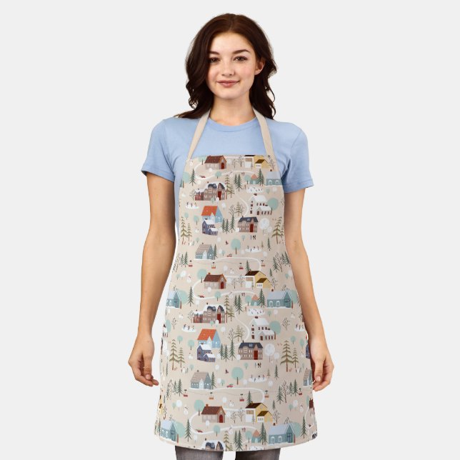 Cozy Winter Village Scene Pattern Apron (Worn)