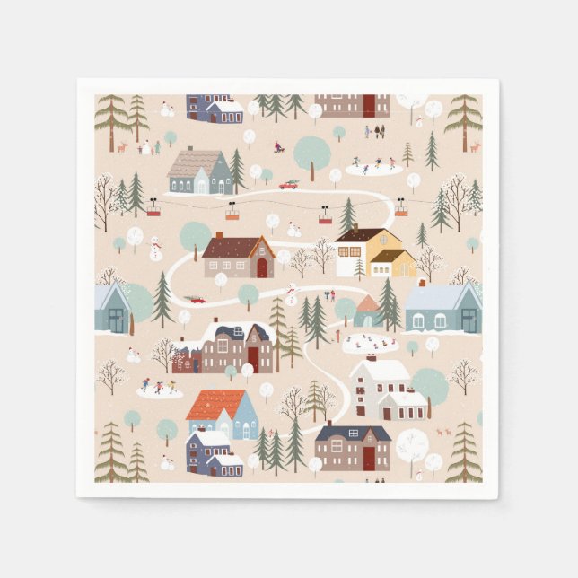 Cozy Winter Village Scene Pattern Napkins (Front)