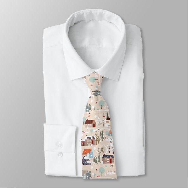 Cozy Winter Village Scene Pattern Neck Tie (Tied)