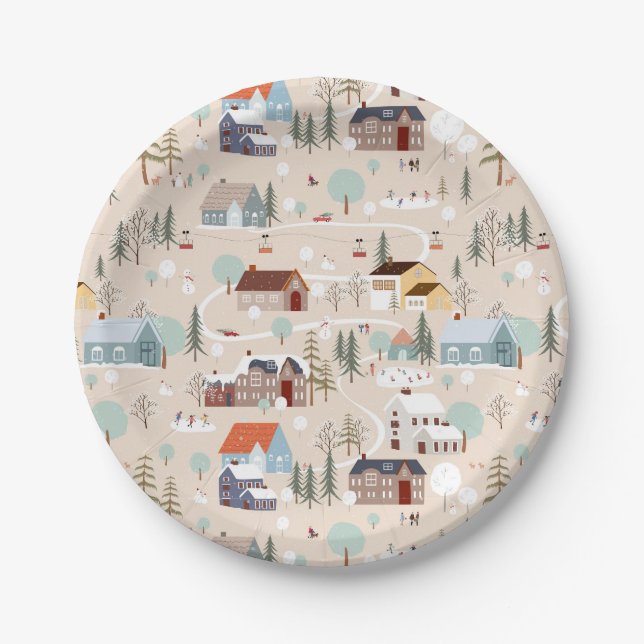 Cozy Winter Village Scene Pattern Paper Plates (Front)