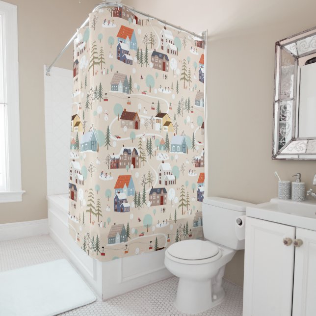 Cozy Winter Village Scene Pattern Shower Curtain (In Situ)