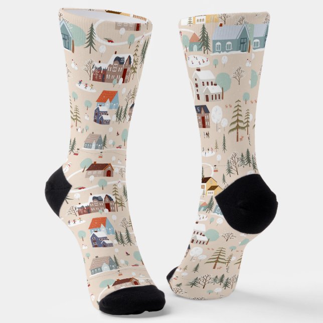 Cozy Winter Village Scene Pattern Socks (Angled)