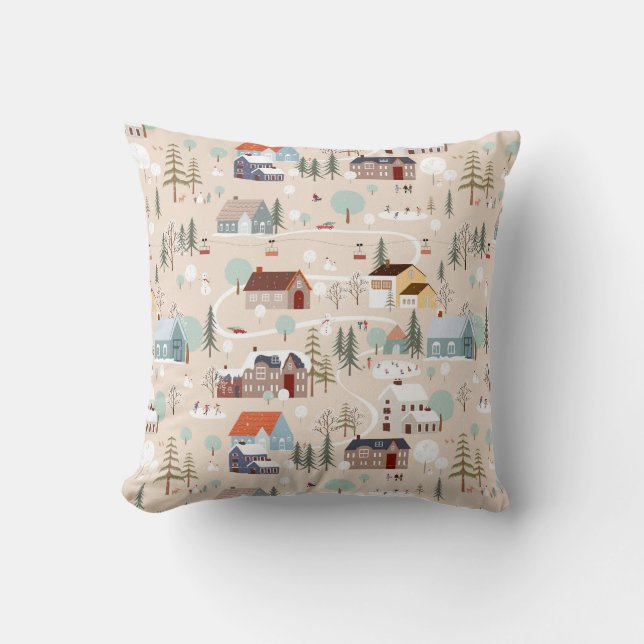 Cozy Winter Village Scene Pattern Throw Pillow (Front)