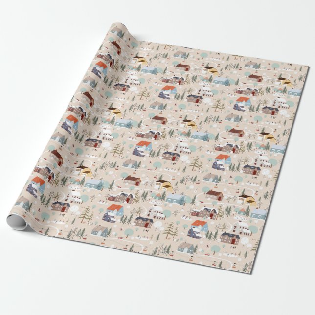 Cozy Winter Village Scene Pattern Wrapping Paper (Unrolled)