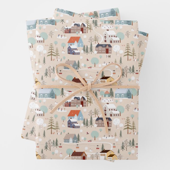 Cozy Winter Village Scene Pattern Wrapping Paper Sheets (In situ)