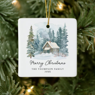 Cozy Winter Watercolor Cabin Handwritten Christmas Ceramic Ornament