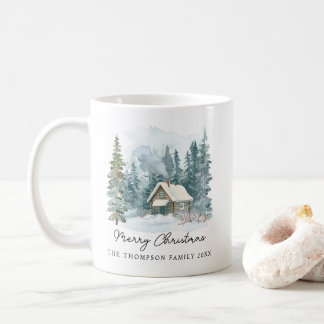 Cozy Winter Watercolor Cabin Handwritten Christmas Coffee Mug