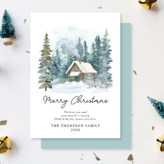 Cozy Winter Watercolor Cabin Handwritten Christmas Holiday Card