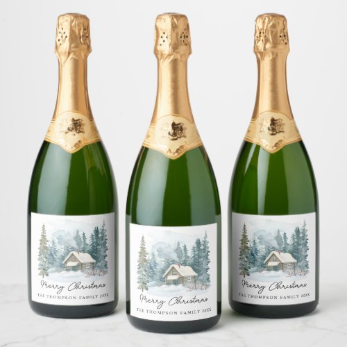 Cozy Winter Watercolor Cabin Handwritten Christmas Sparkling Wine Label