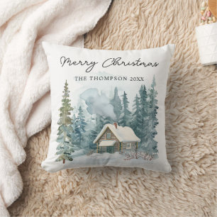 Cozy Winter Watercolor Cabin Handwritten Christmas Throw Pillow