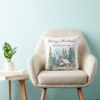 Cozy Winter Watercolor Cabin Handwritten Christmas Throw Pillow