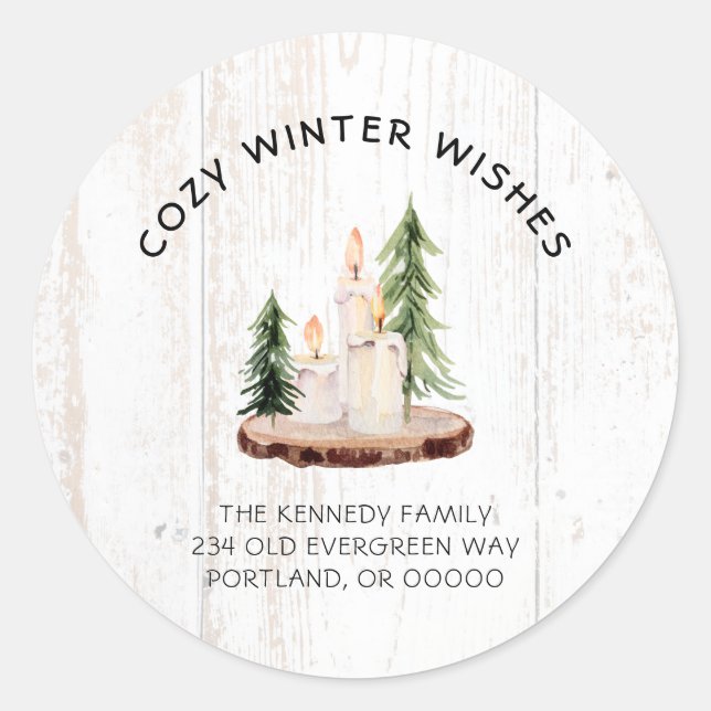 Cozy Winter Wishes White Distressed Wood Xmas  Classic Round Sticker (Front)