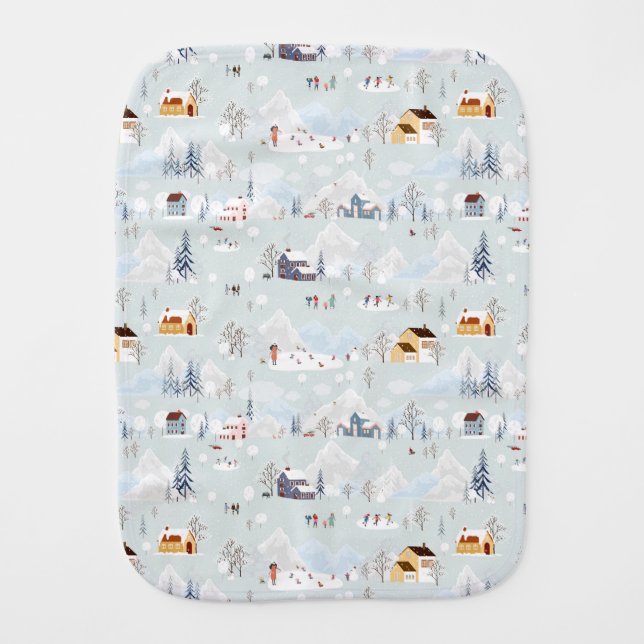 Cozy Winter Wonderland Ice Skating Village Pattern Baby Burp Cloth (Front)