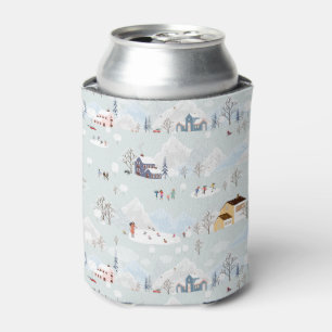 Cozy Winter Wonderland Ice Skating Village Pattern Can Cooler