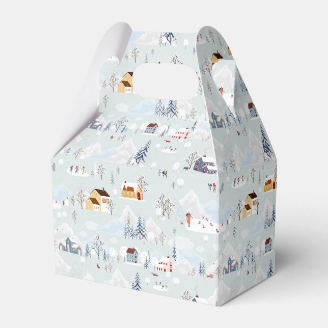 Cozy Winter Wonderland Ice Skating Village Pattern Favor Boxes (Front Side)