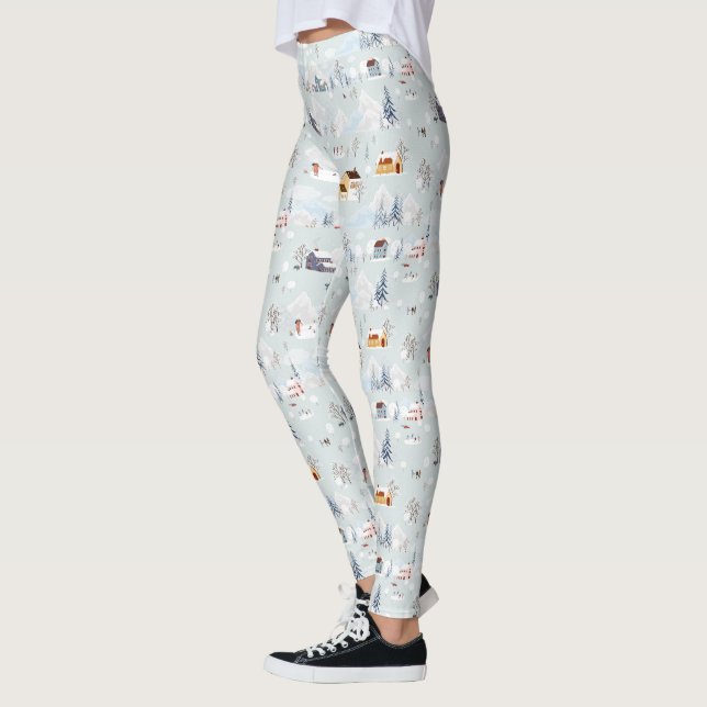 Cozy Winter Wonderland Ice Skating Village Pattern Leggings (Left)