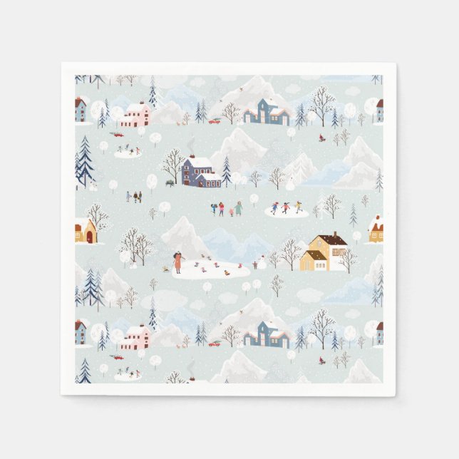 Cozy Winter Wonderland Ice Skating Village Pattern Napkins (Front)