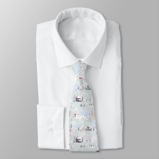 Cozy Winter Wonderland Ice Skating Village Pattern Neck Tie (Tied)