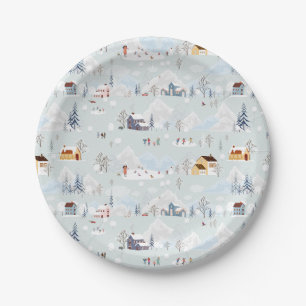 Cozy Winter Wonderland Ice Skating Village Pattern Paper Plates
