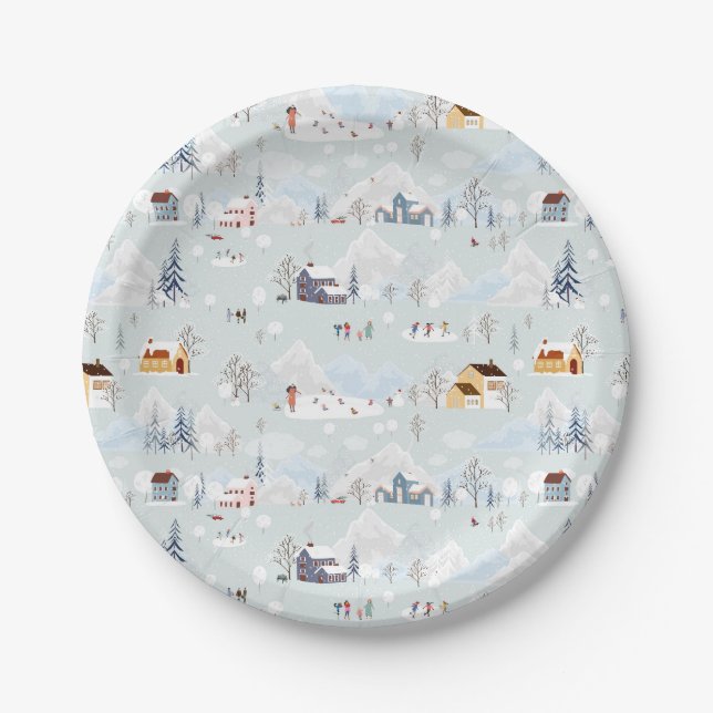 Cozy Winter Wonderland Ice Skating Village Pattern Paper Plates (Front)