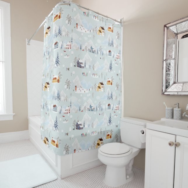 Cozy Winter Wonderland Ice Skating Village Pattern Shower Curtain (In Situ)