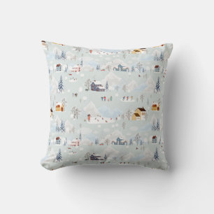 Cozy Winter Wonderland Ice Skating Village Pattern Throw Pillow