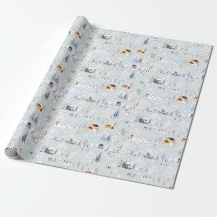 Cozy Winter Wonderland Ice Skating Village Pattern Wrapping Paper